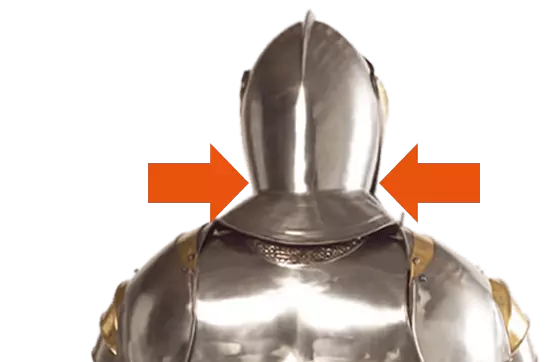 Mittelalterliche Rüstung, die stark verspannte Nackenmuskulatur symbolisiert Mittelalterliche Rüstung, die stark verspannte Nackenmuskulatur symbolisiert